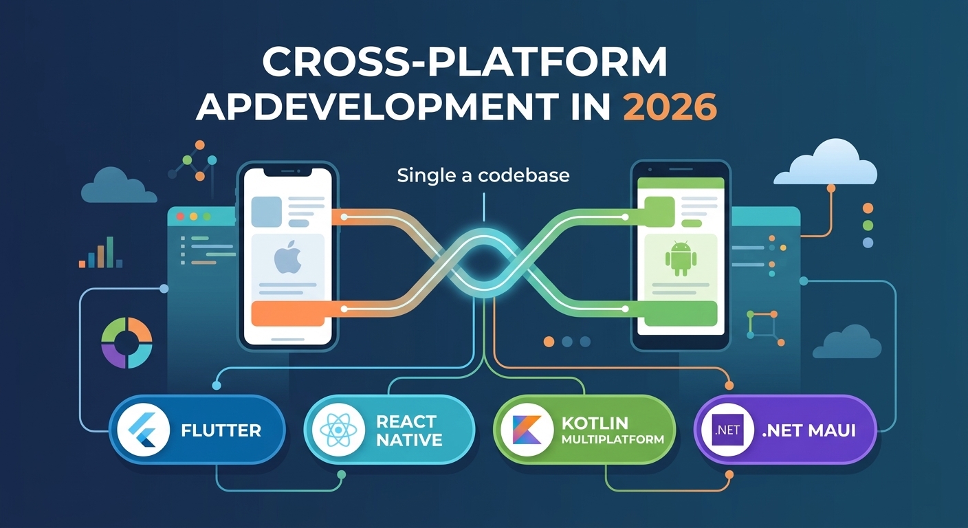 Vector illustration showing cross-platform app development process connecting iOS and Android devices through Flutter, React Native, Kotlin Multiplatform, and .NET MAUI frameworks.