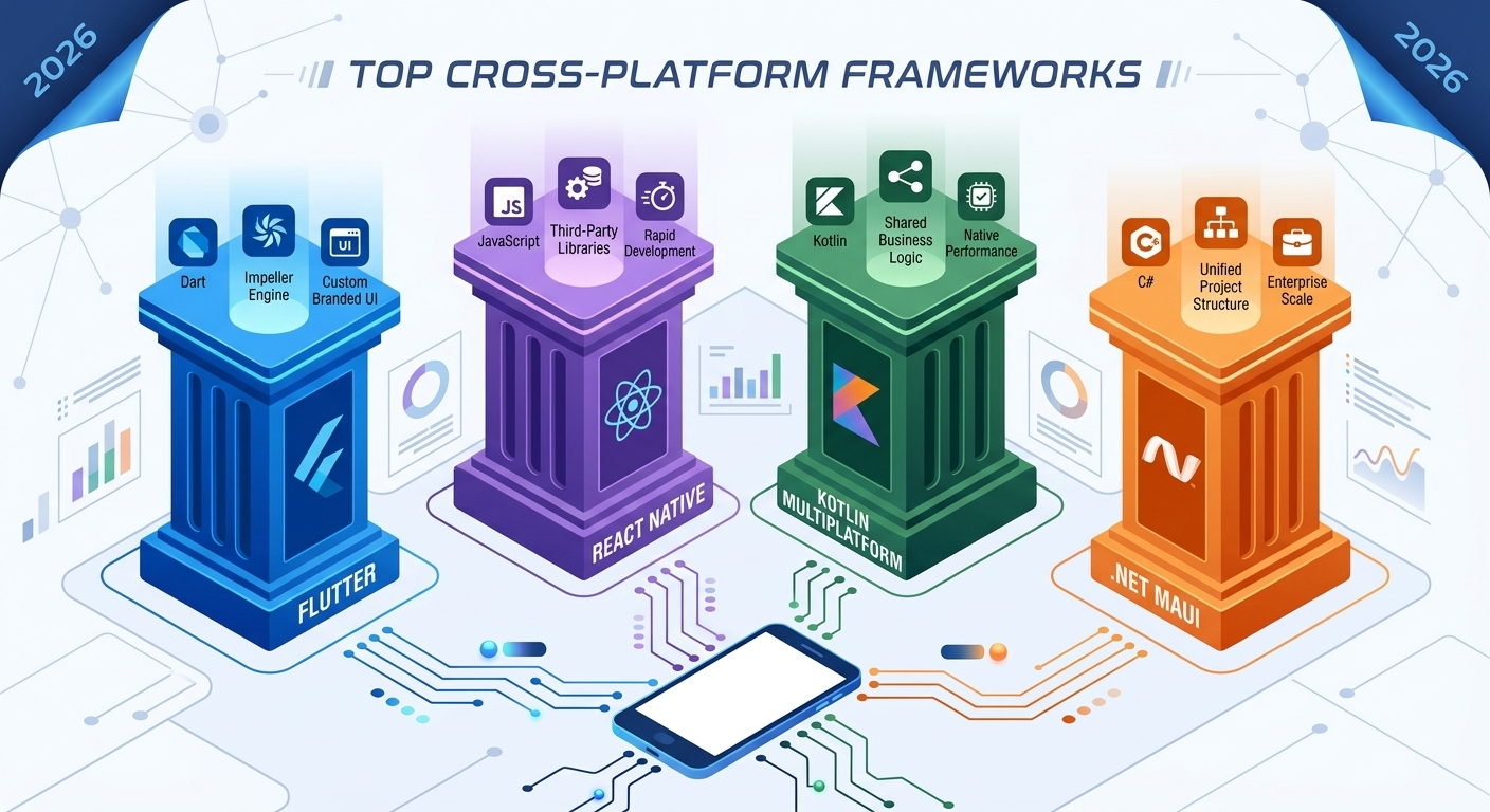 Business Advantages of Cross-Platform App Development Infographic highlighting key business benefits of cross-platform app development including reusable code, reduced costs, and faster time to market.