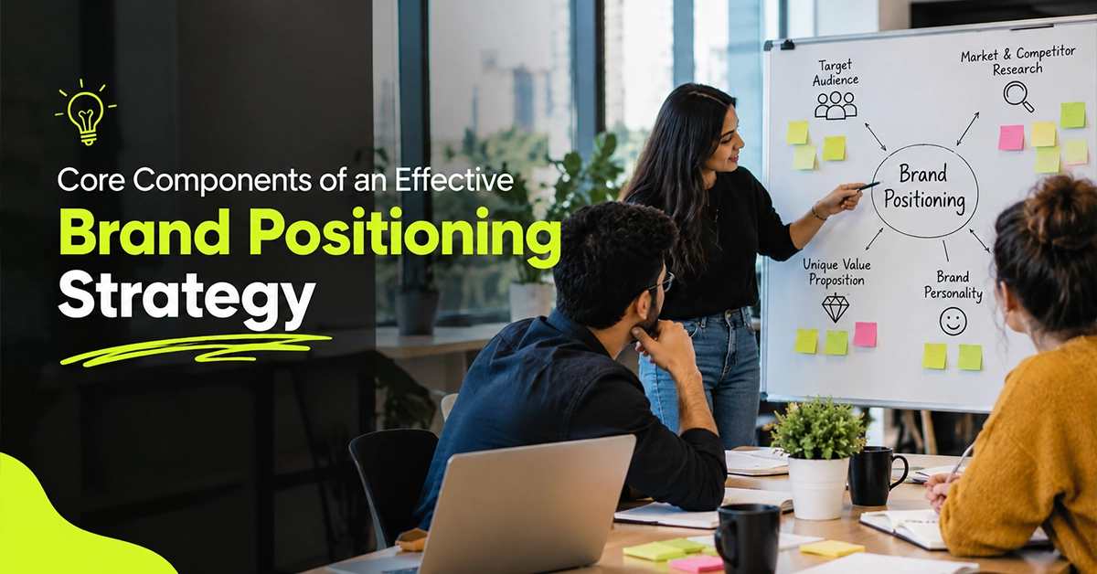 Core Components of Brand Positioning Strategy Framework Core components of an effective brand positioning strategy whiteboard diagram explaining target audience, competitor research, value proposition, and brand personality.