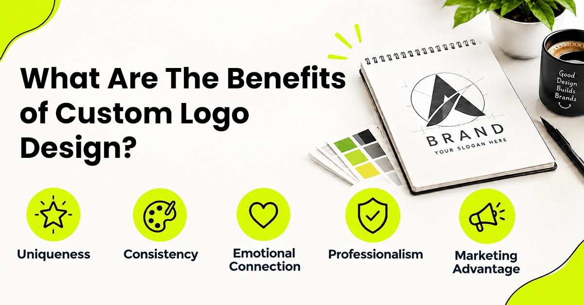 Key Benefits of Custom Logo Design for Businesses Benefits of custom logo design diagram showing uniqueness, consistency, emotional connection, professionalism, and marketing advantage.