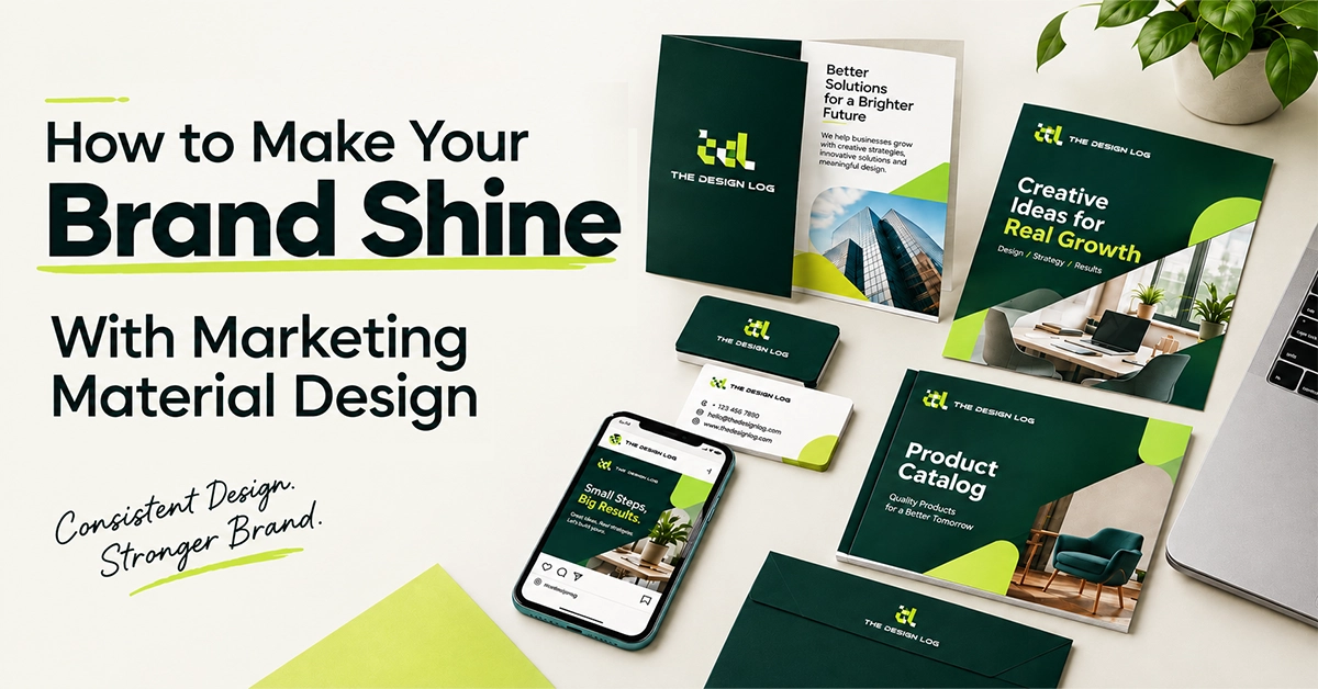 Custom Marketing Material Design and Collateral Branding Branded marketing collateral design suite including brochures, product catalog, business cards, envelope, and social media post mockups.