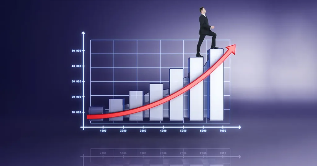 Businessman climbing rising bar graph with upward red arrow representing website ranking growth after Technical SEO Audit