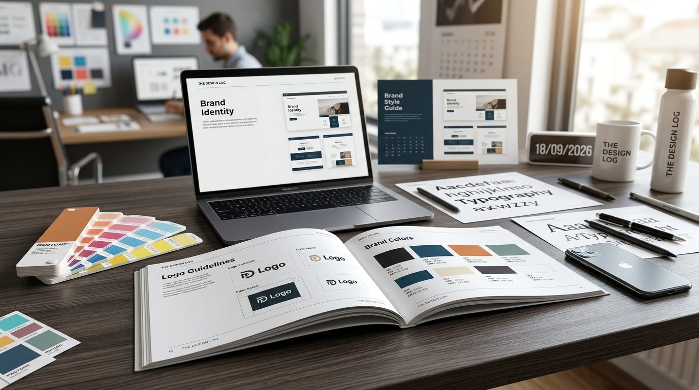Realistic photograph of a creative designer’s workspace with branding materials, laptop, and brand style guide assets.