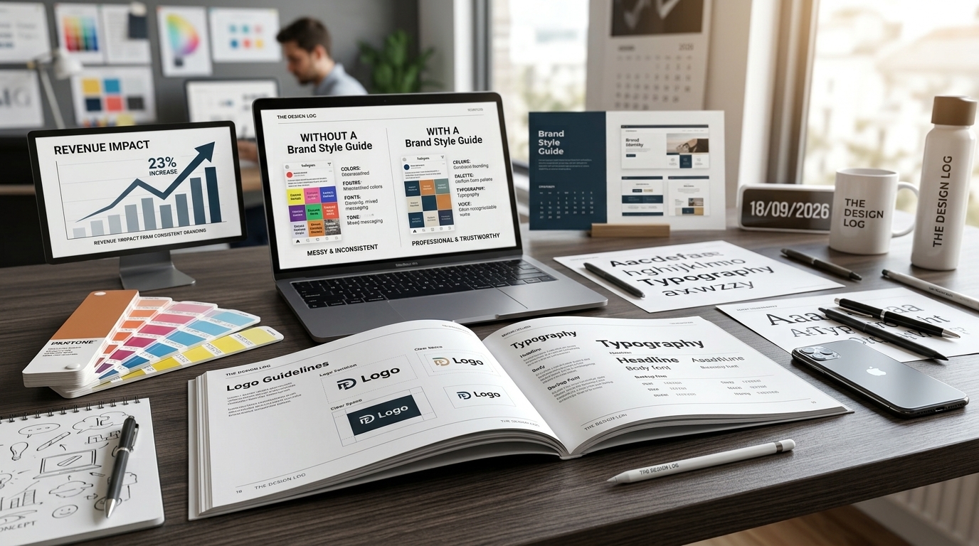 Why Every Business Needs a Brand Style Guide - Growth Impact Analysis Designer workspace displaying brand style guide documentation, logo guidelines, typography rules, and revenue growth chart showing 23% revenue increase from brand consistency.
