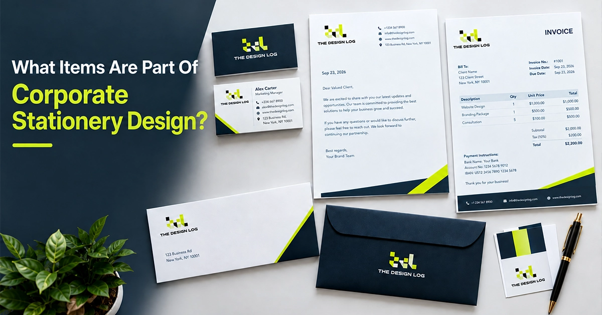 What Items Are Part of Corporate Stationery Design - The Design Log Flat lay mockup showing key corporate stationery design items including branded business cards, letterhead, invoice, compliment slip, and envelopes for The Design Log.